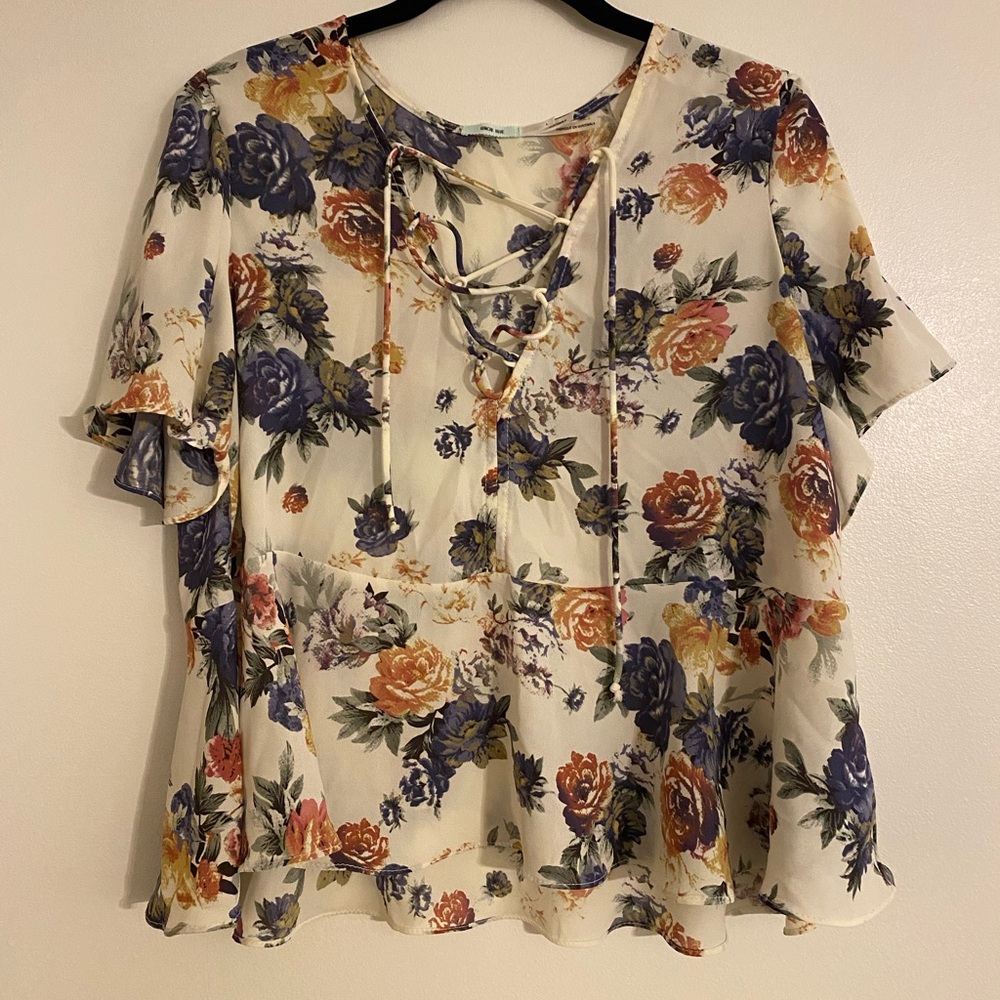 Kimchi Blue Floral Lace-Up Blouse - Cream with Multicolor Floral